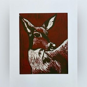 Deer Art Hand Printed Linocut Owl Reduction Print Woodland Animal Art Matted